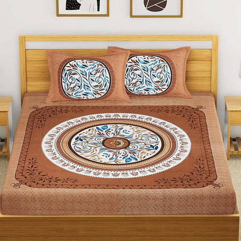 SheetKart 144 TC Premium Cotton Floral Mandala Double Bedsheet with 2 Pillow Covers, Mustard - SheetKart