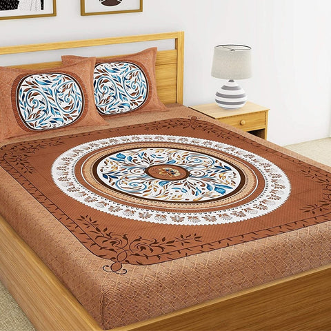 SheetKart 144 TC Premium Cotton Floral Mandala Double Bedsheet with 2 Pillow Covers, Mustard - SheetKart