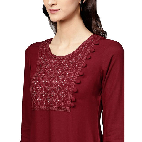 Arayna Women's Rayon Embroidered Straight Kurta Set with Palazzo Pants - SheetKart