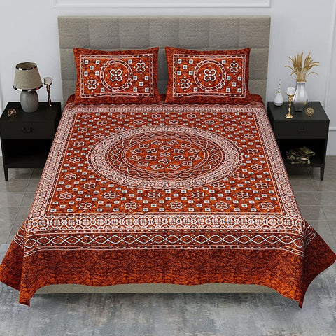 SheetKart Summer 144 TC 100% Cotton Double Bedsheet Jaipuri Printed with 2 Pillow Covers, Red