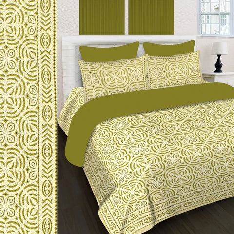 SheetKart 144 TC Cotton Printed Jaipuri King Size Double Bedsheet with 2 Pillow Covers, Ocean Green - SheetKart