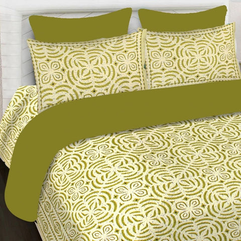 SheetKart 144 TC Cotton Printed Jaipuri King Size Double Bedsheet with 2 Pillow Covers, Ocean Green - SheetKart