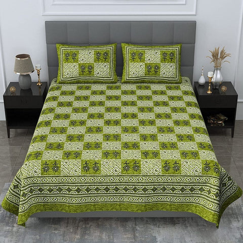 SheetKart Foursquare Jaipuri Cotton Double Bedsheet Floral Printed 144 TC with Pillow Covers, Olive Green
