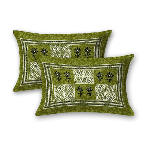 SheetKart Foursquare Jaipuri Cotton Double Bedsheet Floral Printed 144 TC with Pillow Covers, Olive Green