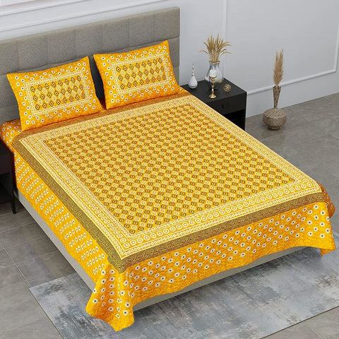 SheetKart Zen 144 TC 100% Cotton Double Bedsheet Jaipuri Printed with 2 Pillow Covers, Yellow