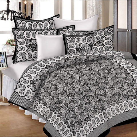 SheetKart Hand Block - Fiesta Superb Cotton Double Bedsheet with 2 Pillow Covers - Jet Black - SheetKart