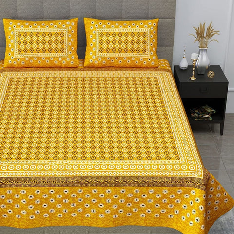 SheetKart Zen 144 TC 100% Cotton Double Bedsheet Jaipuri Printed with 2 Pillow Covers, Yellow