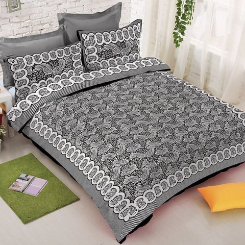 SheetKart Hand Block - Fiesta Superb Cotton Double Bedsheet with 2 Pillow Covers - Jet Black - SheetKart
