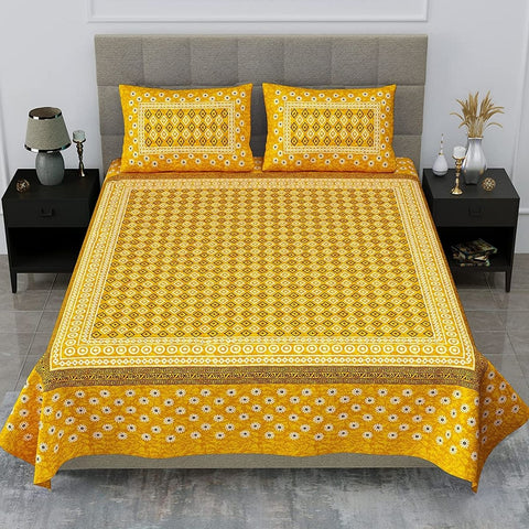 SheetKart Zen 144 TC 100% Cotton Double Bedsheet Jaipuri Printed with 2 Pillow Covers, Yellow