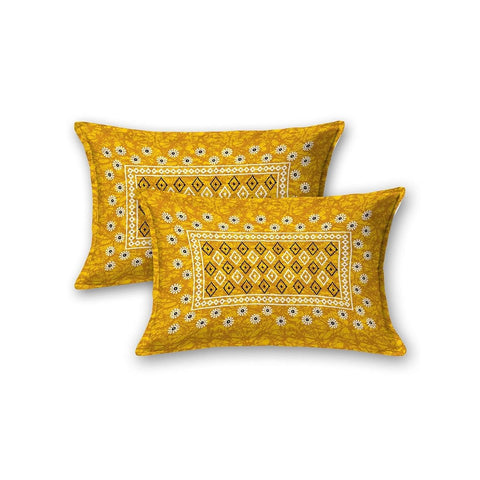 SheetKart Zen 144 TC 100% Cotton Double Bedsheet Jaipuri Printed with 2 Pillow Covers, Yellow