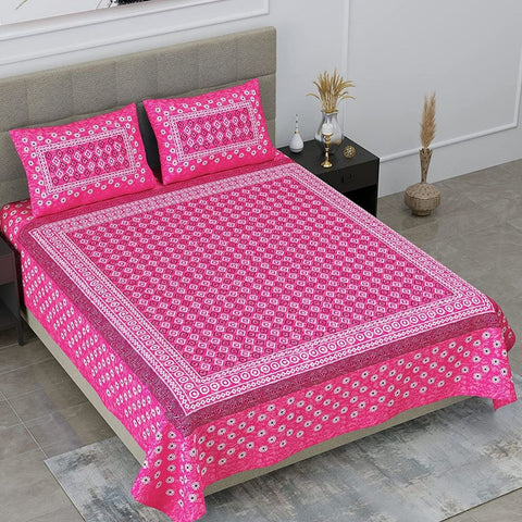 SheetKart Zen 144 TC 100% Cotton Double Bedsheet Jaipuri Printed with 2 Pillow Covers, Pink