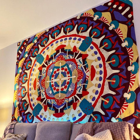 SheetKart Mushroom Kaleidoscope Mandala Tapestry Wall Hanging, Indian Cotton Printed Wall Art, Wall Décor Tapestries, Beige, Large - SheetKart