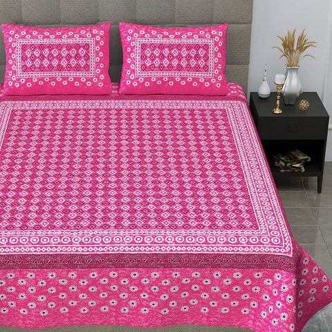 SheetKart Zen 144 TC 100% Cotton Double Bedsheet Jaipuri Printed with 2 Pillow Covers, Pink
