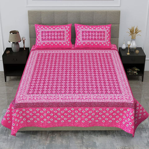 SheetKart Zen 144 TC 100% Cotton Double Bedsheet Jaipuri Printed with 2 Pillow Covers, Pink