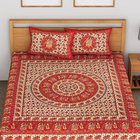 SheetKart Floral 144 TC Cotton Double Bedsheet with 2 Pillow Covers - Red - SheetKart