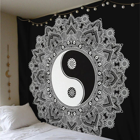 Yin Yang Mandala Cotton Wall Hanging Tapestry - Black and White Tapestries - SheetKart