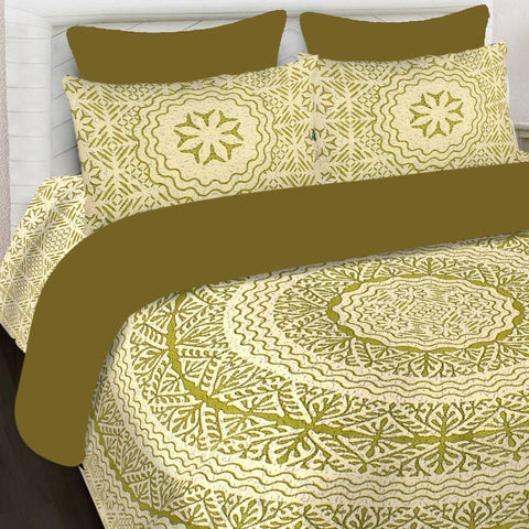 SheetKart 144 TC Cotton Printed Jaipuri King Size Double Bedsheet with 2 Pillow Covers, Turquoise Green - SheetKart