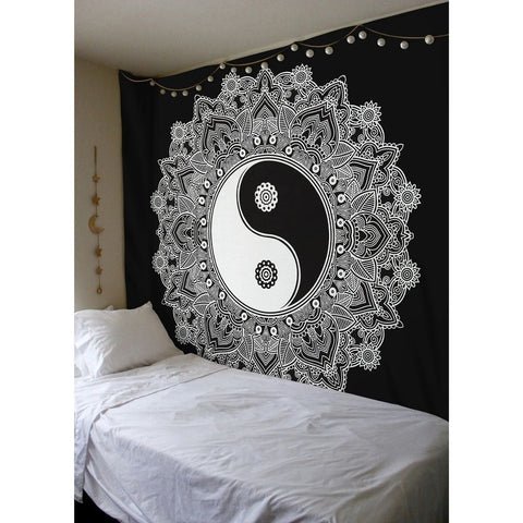 Yin Yang Mandala Cotton Wall Hanging Tapestry - Black and White Tapestries - SheetKart