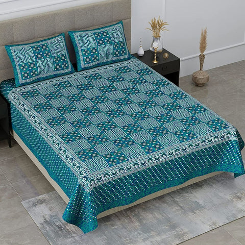 SheetKart Mist 144 TC 100% Cotton Double Bedsheet Jaipuri Printed with 2 Pillow Covers, Sea Green