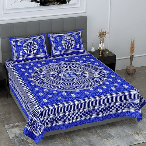 SheetKart Mandala Floral Print 144 TC Cotton Double Bedsheet with 2 Pillow Covers - Indigo Blue