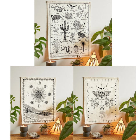 Flag Tapestry - Bohemian Cotton Printed Hand Made Wall Hanging Tapestries with Steel Grommets, Beige, Pack of 3 - SheetKart