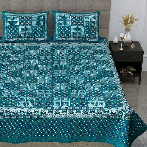 SheetKart Mist 144 TC 100% Cotton Double Bedsheet Jaipuri Printed with 2 Pillow Covers, Sea Green