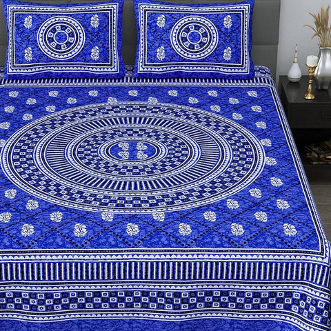 SheetKart Mandala Floral Print 144 TC Cotton Double Bedsheet with 2 Pillow Covers - Indigo Blue