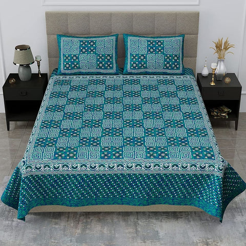 SheetKart Mist 144 TC 100% Cotton Double Bedsheet Jaipuri Printed with 2 Pillow Covers, Sea Green