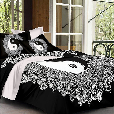 SheetKart Yin Yang Mandala Cotton Jaipuri Single Bedsheet with 1 Pillow Cover, Superior Black - SheetKart