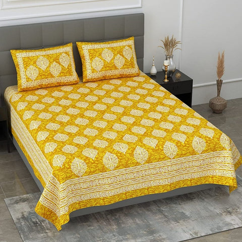 SheetKart Motif Printed 144 TC Cotton Double Bedsheet with 2 Pillow Covers - Yellow - SheetKart