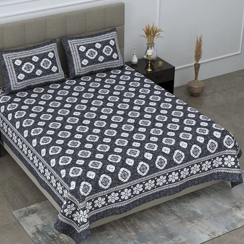 SheetKart 144 TC Cotton Jaipuri Floral Printed Double Bedsheet with 2 Pillow Covers, Grey