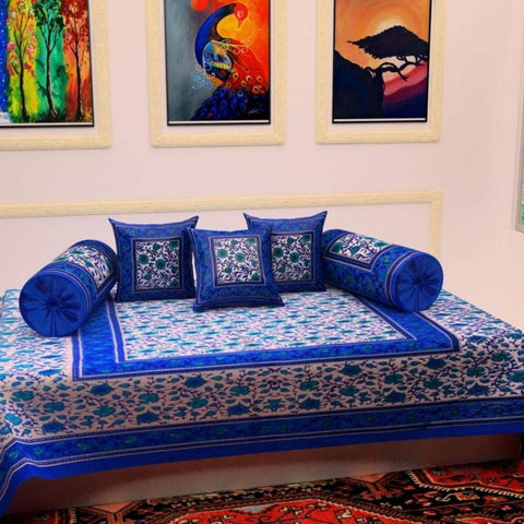 SheetKart Traditional Cotton Hand Block - Diwan Set - 1 Single Bedsheet, 2 Bolster Covers, 3 Cushion Covers - SheetKart