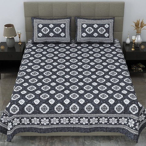 SheetKart 144 TC Cotton Jaipuri Floral Printed Double Bedsheet with 2 Pillow Covers, Grey