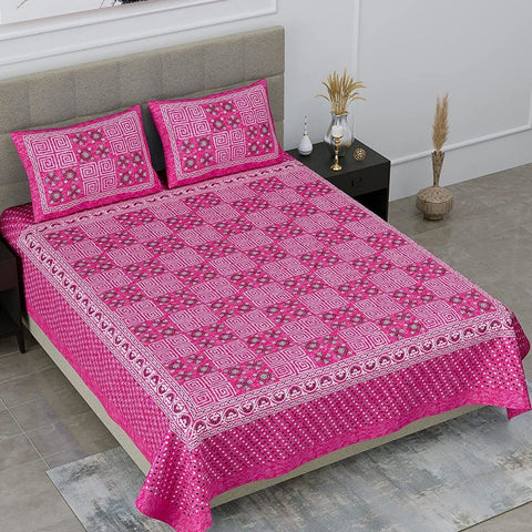 SheetKart Mist 144 TC 100% Cotton Double Bedsheet Jaipuri Printed with 2 Pillow Covers, Pink