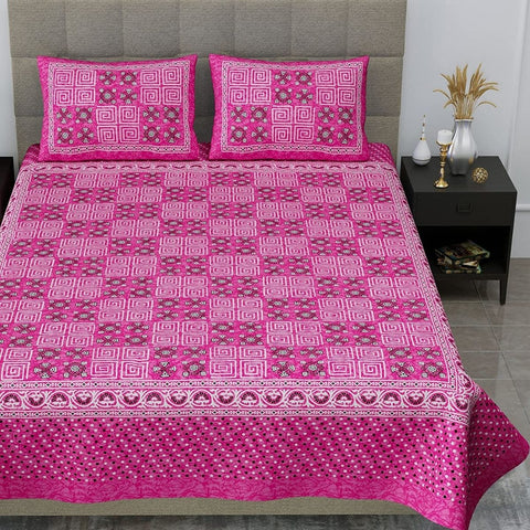 SheetKart Mist 144 TC 100% Cotton Double Bedsheet Jaipuri Printed with 2 Pillow Covers, Pink