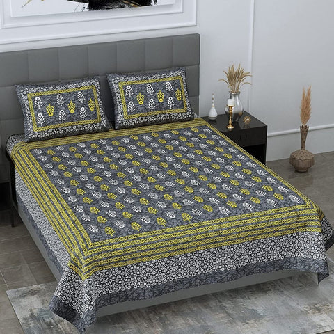 SheetKart 144 TC Motif Printed Jaipuri Cotton Double Bedsheet with 2 Pillow Covers, Light Grey