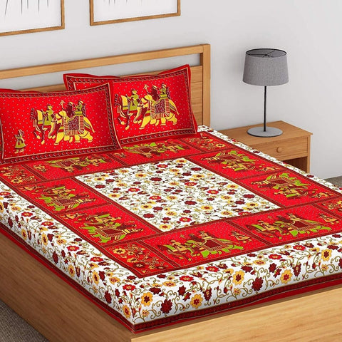 SheetKart Elephant Print Cotton Jaipuri Red Color Double Bedsheet with 2 Pillow Covers - SheetKart