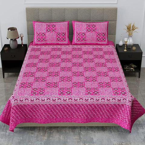 SheetKart Mist 144 TC 100% Cotton Double Bedsheet Jaipuri Printed with 2 Pillow Covers, Pink