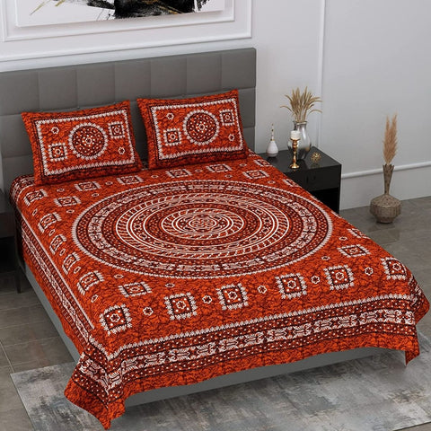 SheetKart Mandala Floral Print 144 TC Cotton Double Bedsheet with Pillow Covers - Red - SheetKart