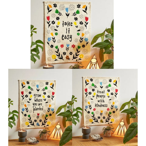 Flag Tapestry - Bohemian Cotton Printed Hand Made Wall Hanging Tapestries with Steel Grommets, Beige, Pack of 3 - SheetKart