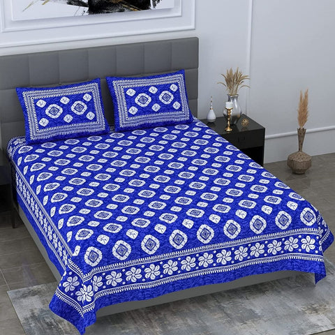 SheetKart Floral Motif Printed 144 TC Cotton Double Bedsheet with 2 Pillow Covers - Blue - SheetKart