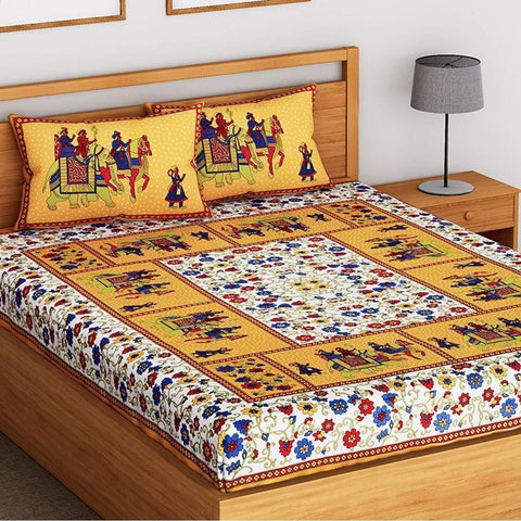 SheetKart Elephant Print Cotton Jaipuri Double Bedsheet with 2 Pillow Covers, Bright Yellow - SheetKart