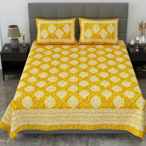 SheetKart Motif Printed 144 TC Cotton Double Bedsheet with 2 Pillow Covers - Yellow - SheetKart