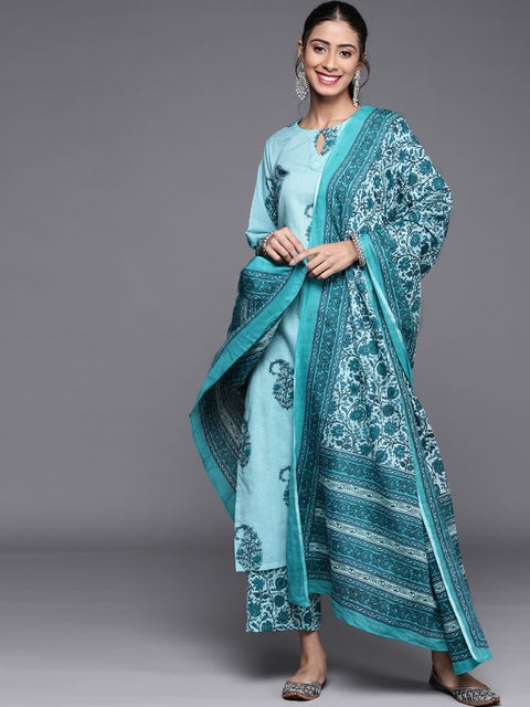 Arayna Women's Cotton Printed Straight Kurti with Palazzo Pants & Dupatta, Floral