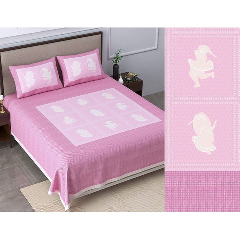 SheetKart Bedsheet for King Size Double Bed - Premium Traditional Rajasthani Printed 144 TC 100% Cotton with 2 Pillow Covers, Pink - SheetKart