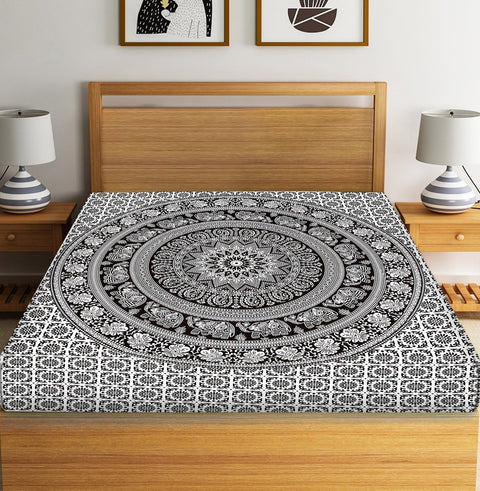 SheetKart Elephant Mandala Black Color Cotton Jaipuri Single Bedsheet - SheetKart