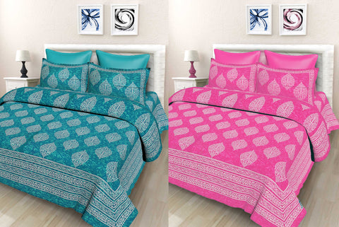 SheetKart Floral Cotton Printed Jaipuri Double Bedsheet Combo with 2 Bedsheets & 4 Pillow Covers, Pink & Sea Green - SheetKart