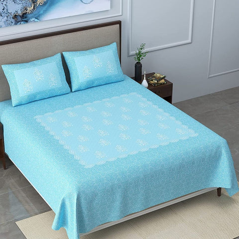 SheetKart Bedsheet for King Size Double Bed - Premium Traditional Floral Buti Printed 144 TC 100% Cotton with 2 Pillow Covers, Blue - SheetKart