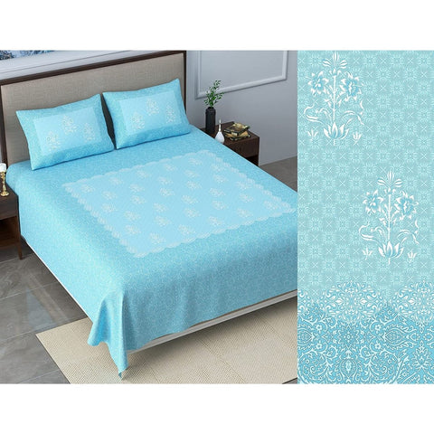 SheetKart Bedsheet for King Size Double Bed - Premium Traditional Floral Buti Printed 144 TC 100% Cotton with 2 Pillow Covers, Blue - SheetKart