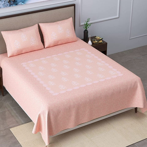 SheetKart Bedsheet for King Size Double Bed - Premium Traditional Floral Buti Printed 144 TC 100% Cotton with 2 Pillow Covers, Pink - SheetKart